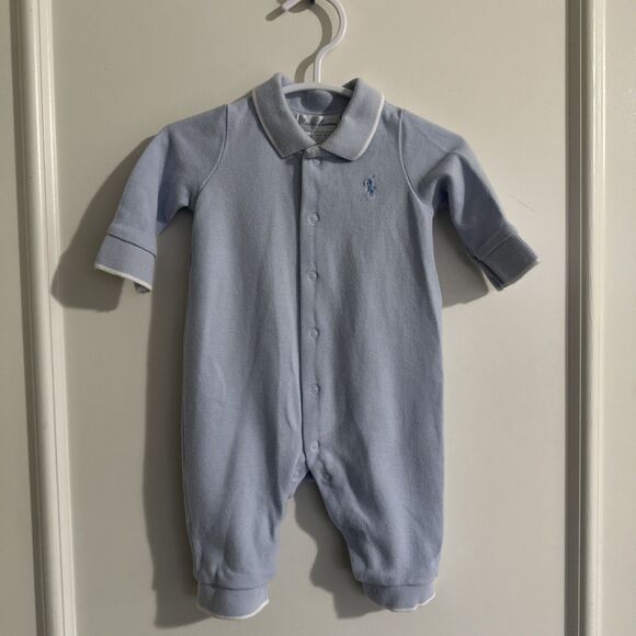 Ralph Lauren 3 Months Baby Blue Romper White Label Snaps - Picture 1 of 8